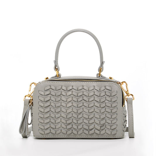 Kayla light gray weave leather crossbody purse front view
