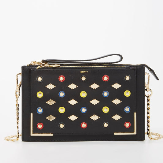 Black leather clutch with gold and multicolor stud appliqués and wrist strap