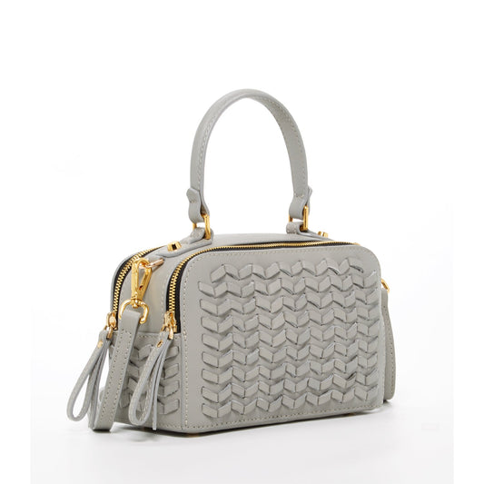 Kayla light gray weave leather crossbody purse side view