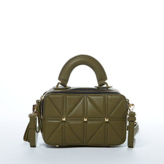 Front view of Taylor Small Quilted Crossbody Bag in olive green Italian leather with quilted detail and gold hardware