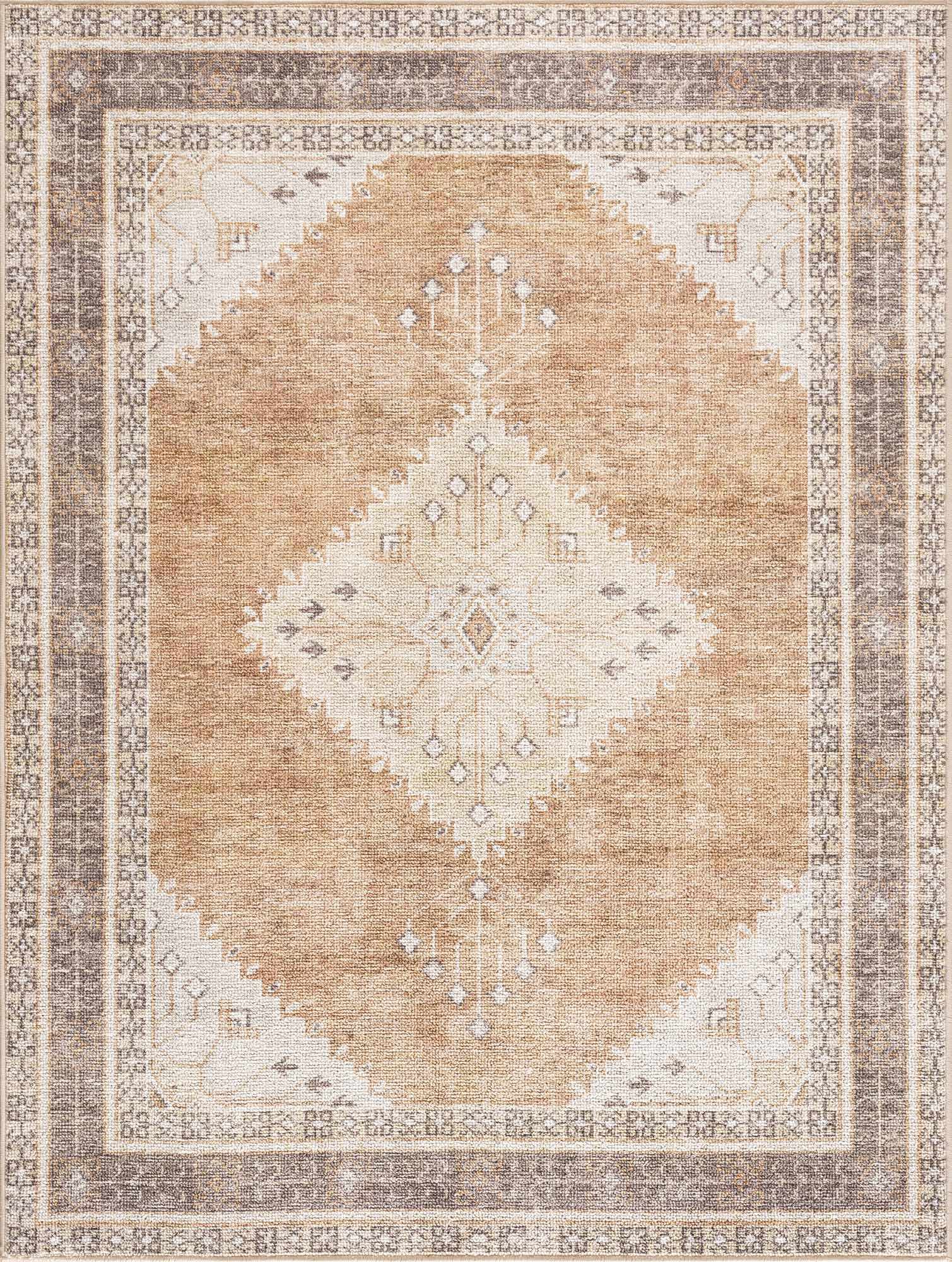 Brown and cream medallion washable area rug with detailed pattern.