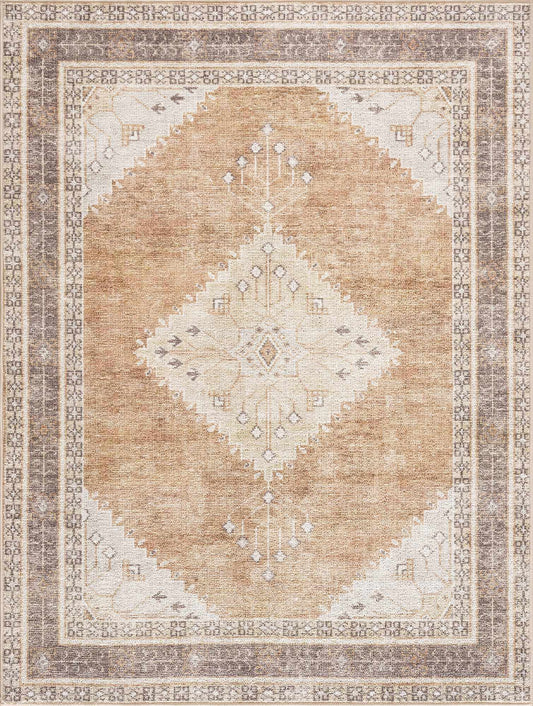 Brown and cream medallion washable area rug with detailed pattern.