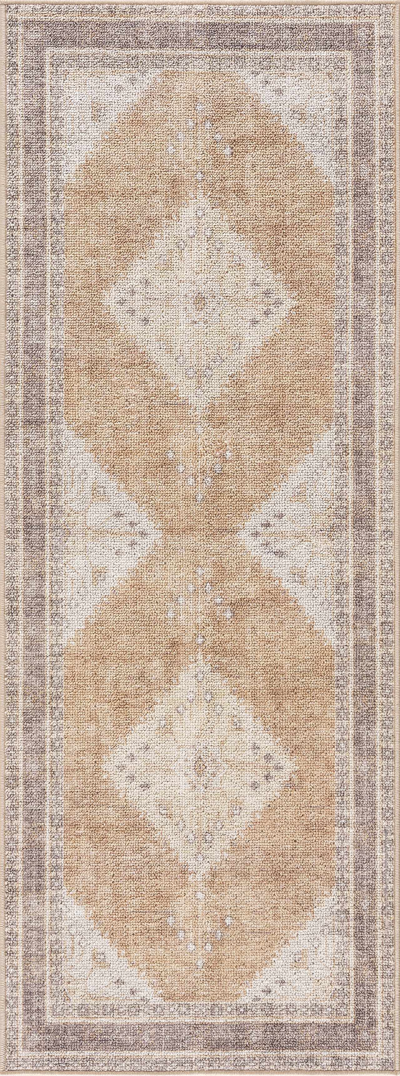 Long washable runner rug in warm brown and cream with medallion pattern, styled for hallways.