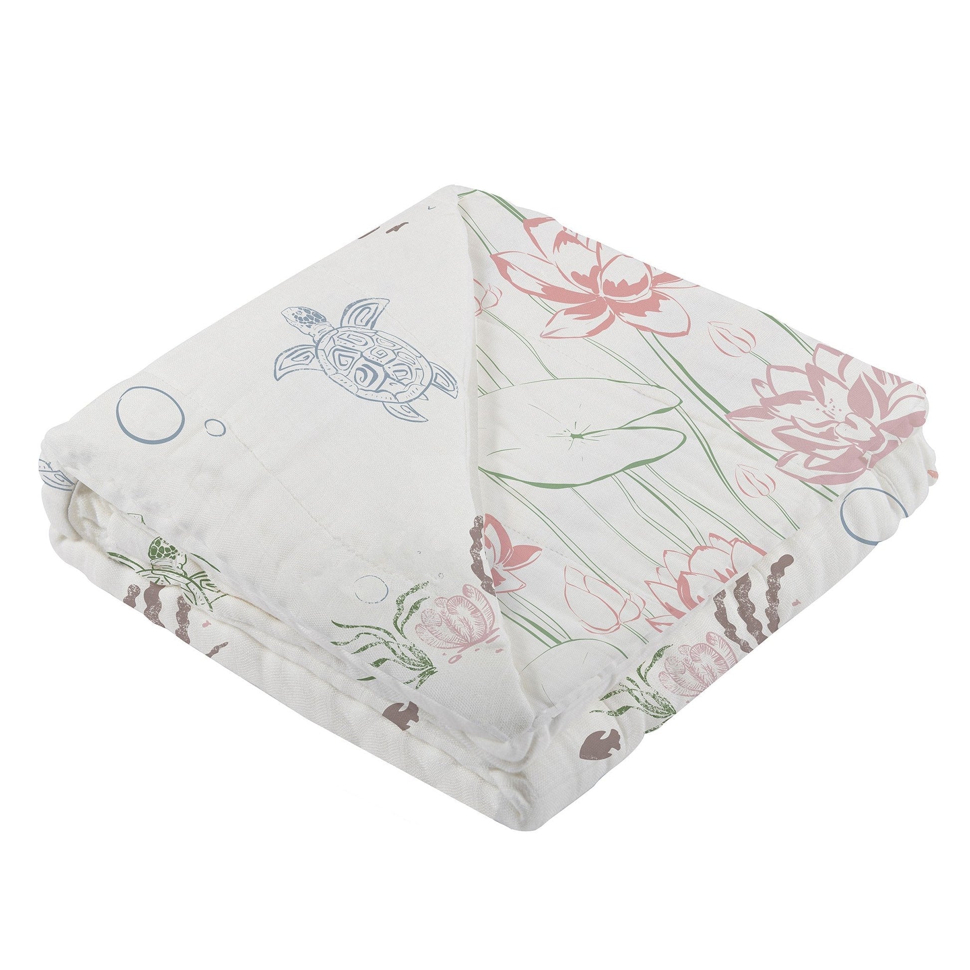 Soft bamboo baby blanket with turtle and water lily print