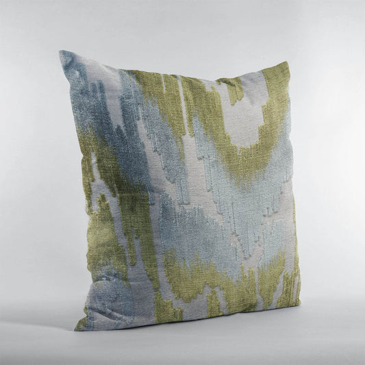 Velvet Glamour Blue, Citrine, and Cream Luxury Throw Pillow with ikat-inspired pattern, Side