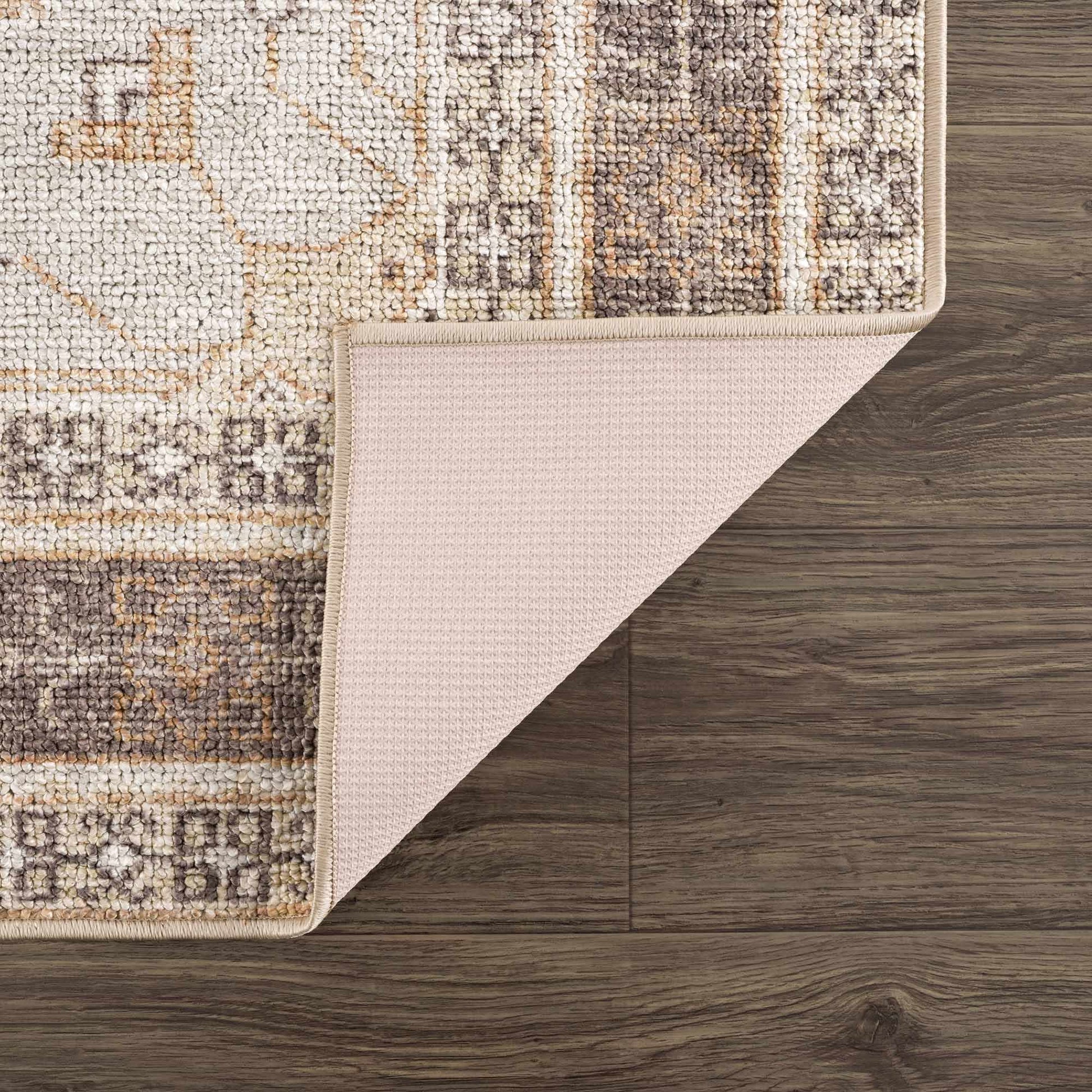 Close-up of washable rug showing woven polyester texture and non-slip rubber backing.