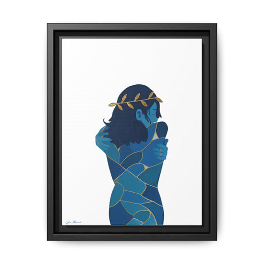 Front view of Whole In Gold framed canvas wall art by PUREKIND, original artwork by Jennifer Mascari with blue tones, golden kintsugi lines, and laurel crown, displayed in black frame.
