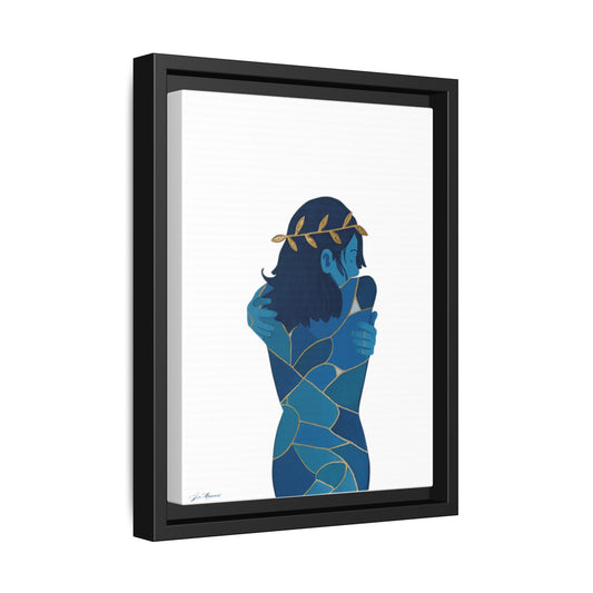 Side view of Whole In Gold framed canvas wall art by PUREKIND, featuring kintsugi-inspired design in blue with golden accents and laurel crown, set in a sleek black frame.