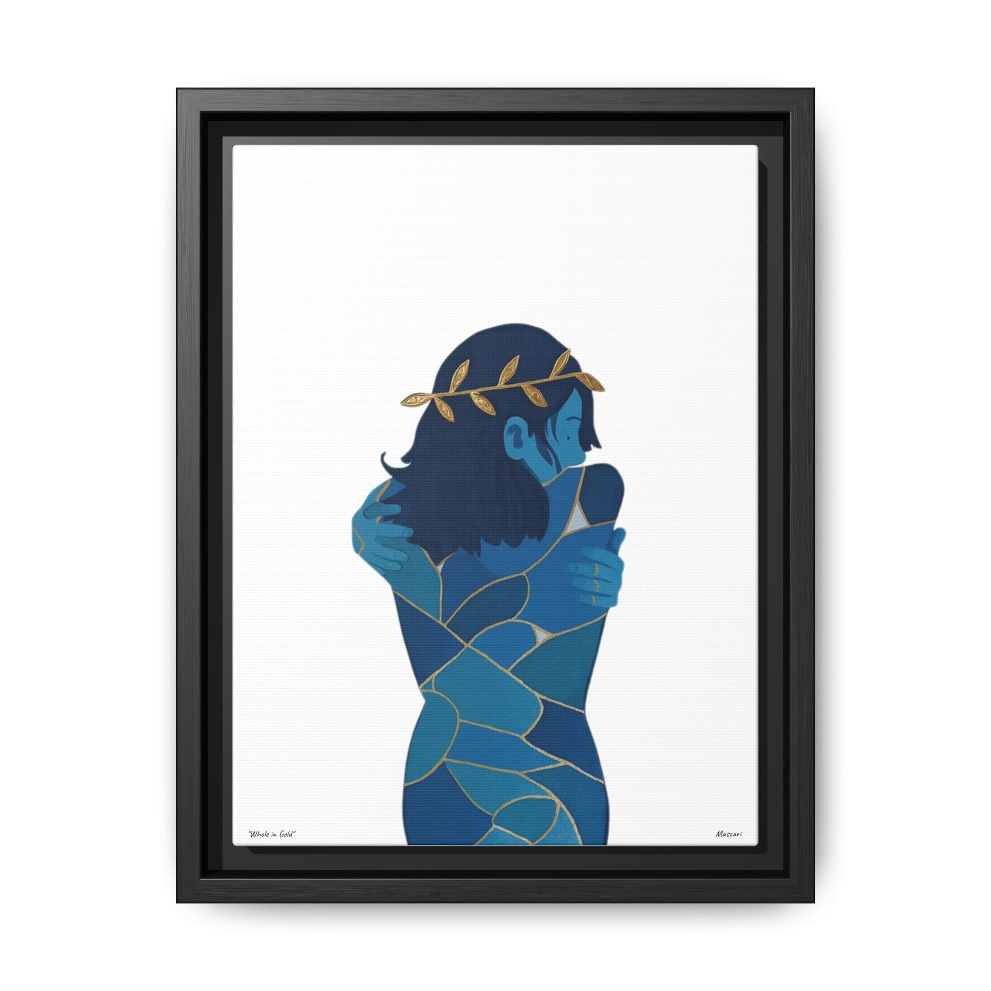 Framed artwork of a stylized figure with blue and gold design on a white background