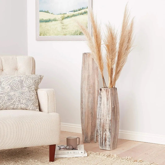 Tall Wooden Floor Vases with Pampas in Modern Rustic Living Space