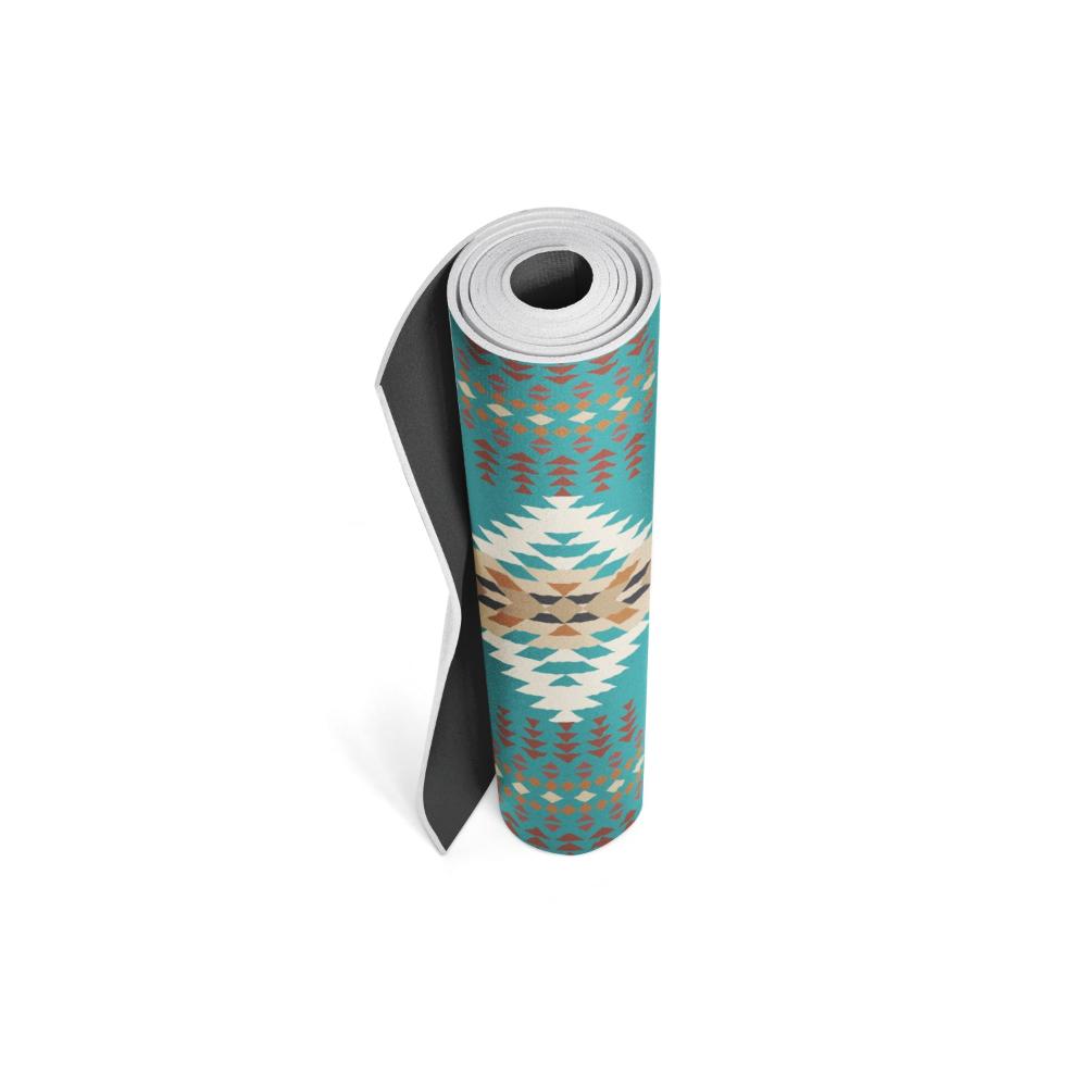Rolled yoga mat with a geometric pattern on a white background
