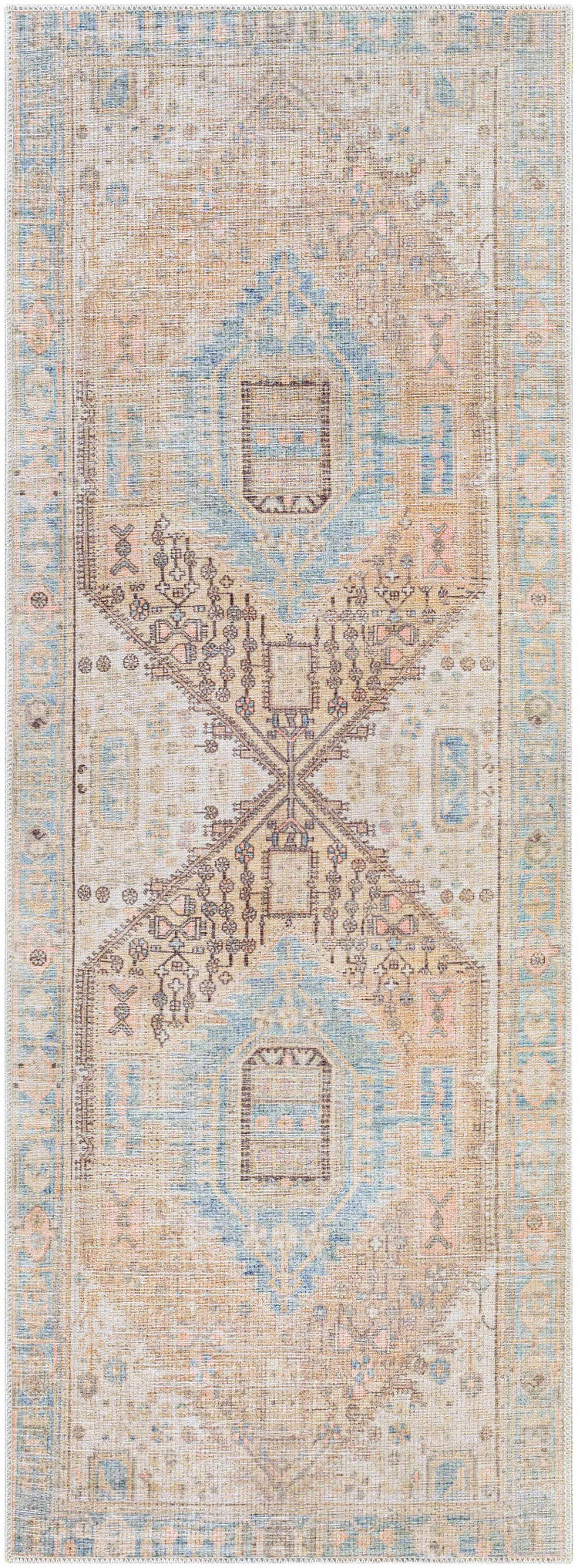 Patterned rug with geometric design in beige, brown, and blue on a light background