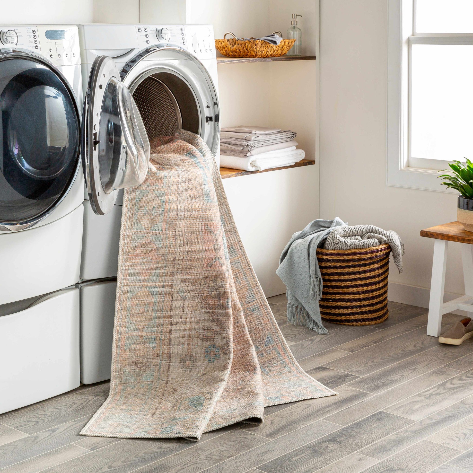 Laundry room with a dryer and a rug 