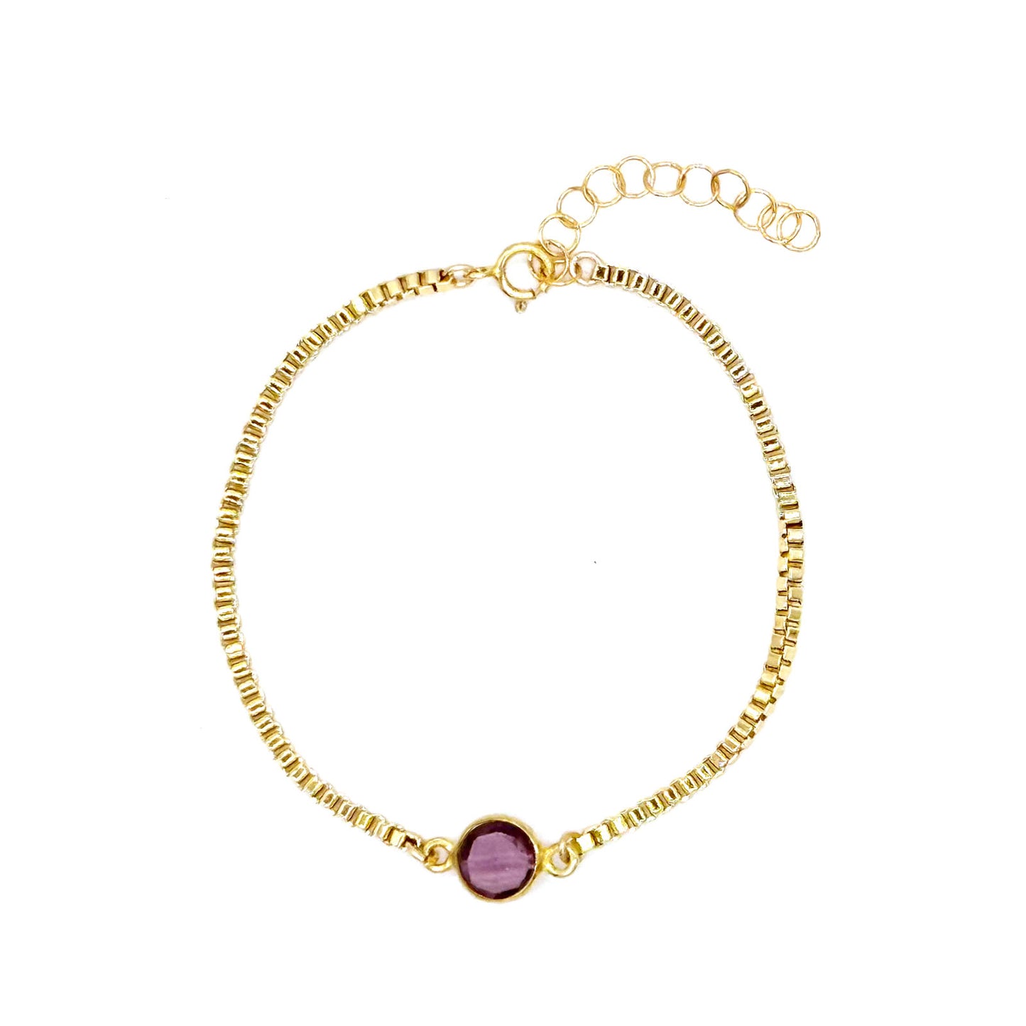 Goldfilled bracelet with bezel-set amethyst gemstone, flat view