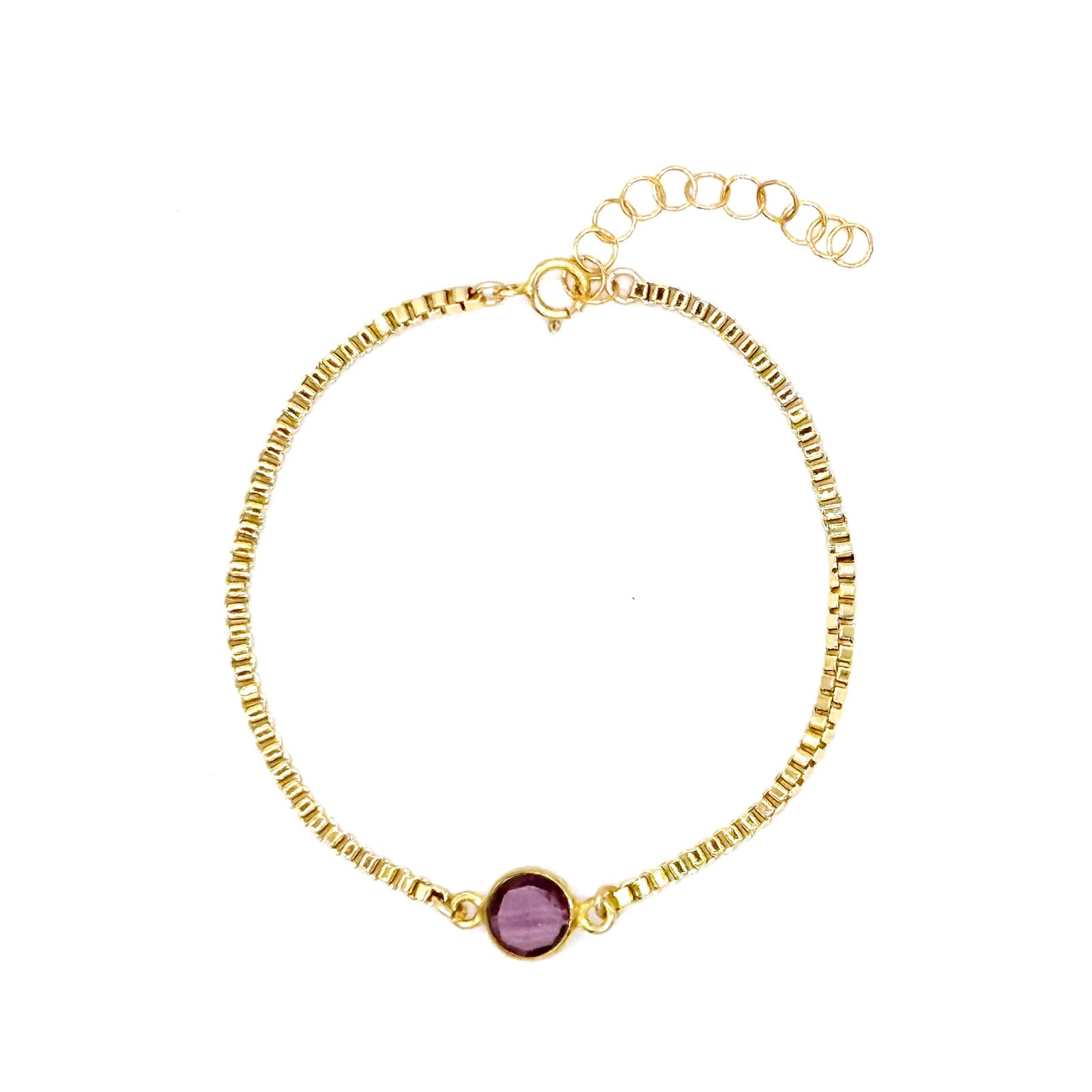 Goldfilled bracelet with bezel-set amethyst gemstone, flat view