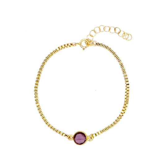 Goldfilled bracelet with bezel-set amethyst gemstone, flat view
