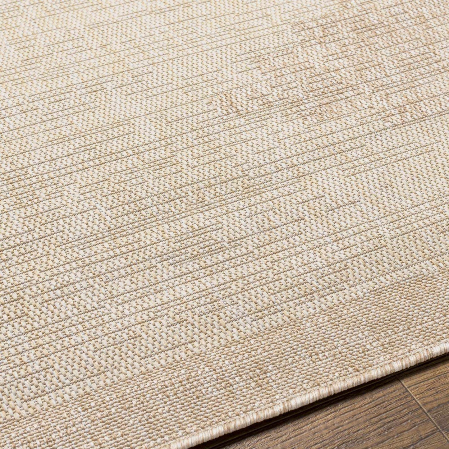 Close-up of a textured beige rug on a wooden floor