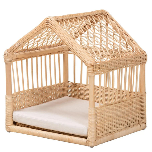Angled close-up showing openwork rattan detail and cushion
