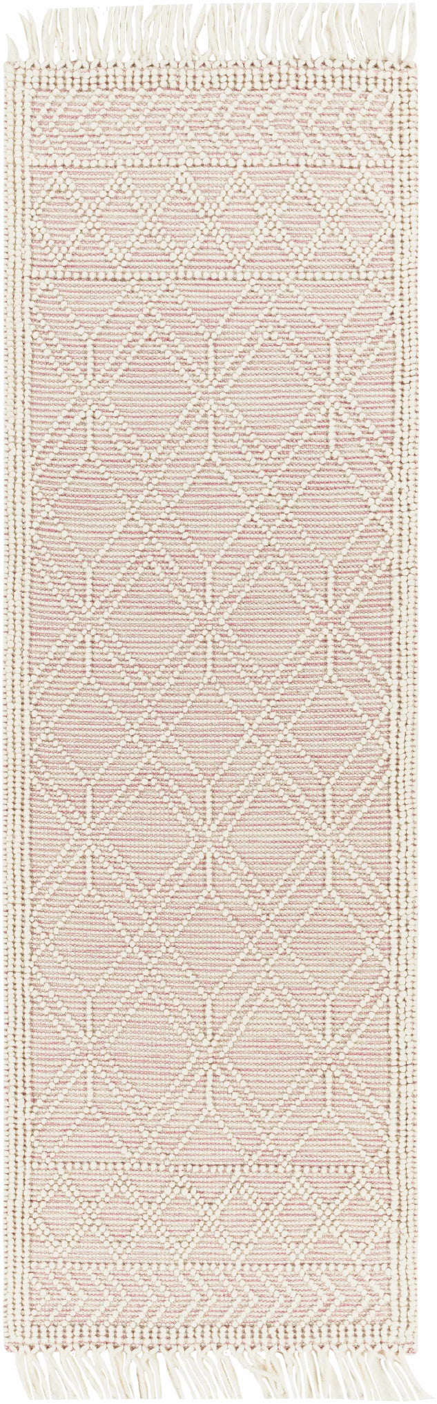 Pink geometric patterned rug with a subtle texture