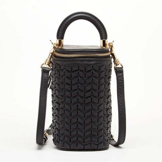 Black basket weave leather crossbody bag by SUSU, featuring Italian soft leather, gold hardware, adjustable strap, and teal-lined interior.