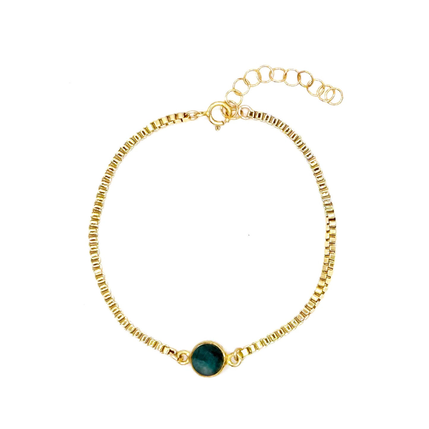 Emerald gemstone bracelet on goldfilled box chain, flat view