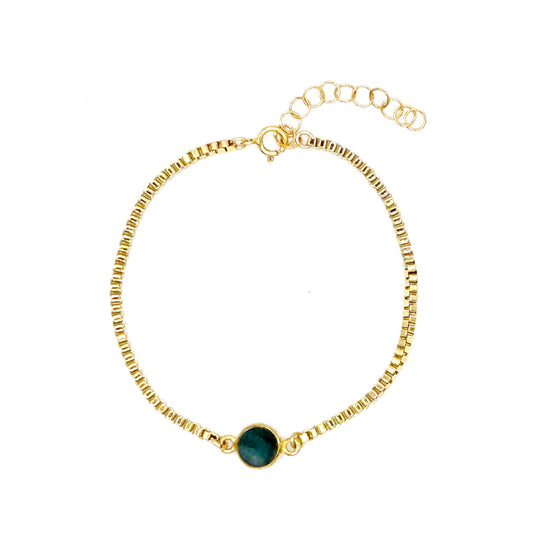 Emerald gemstone bracelet on goldfilled box chain, flat view