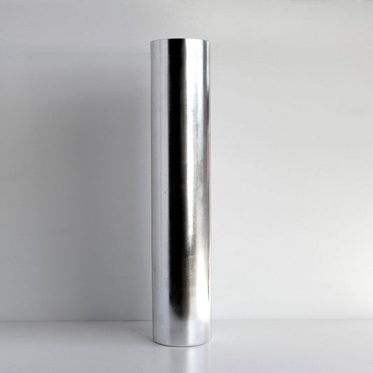Elegant 20-inch silver gilded cylinder vase, handcrafted with a distressed silver leaf finish, mouth-blown glass design, and sleek modern silhouette.