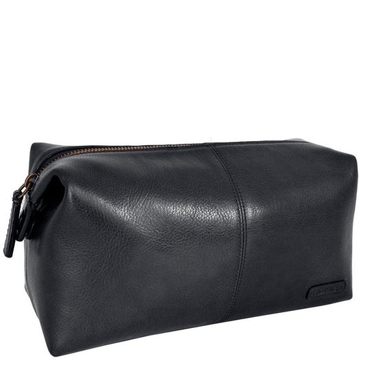 Black leather toiletry bag with a sleek and minimalist design, featuring a sturdy zipper closure and smooth textured finish.