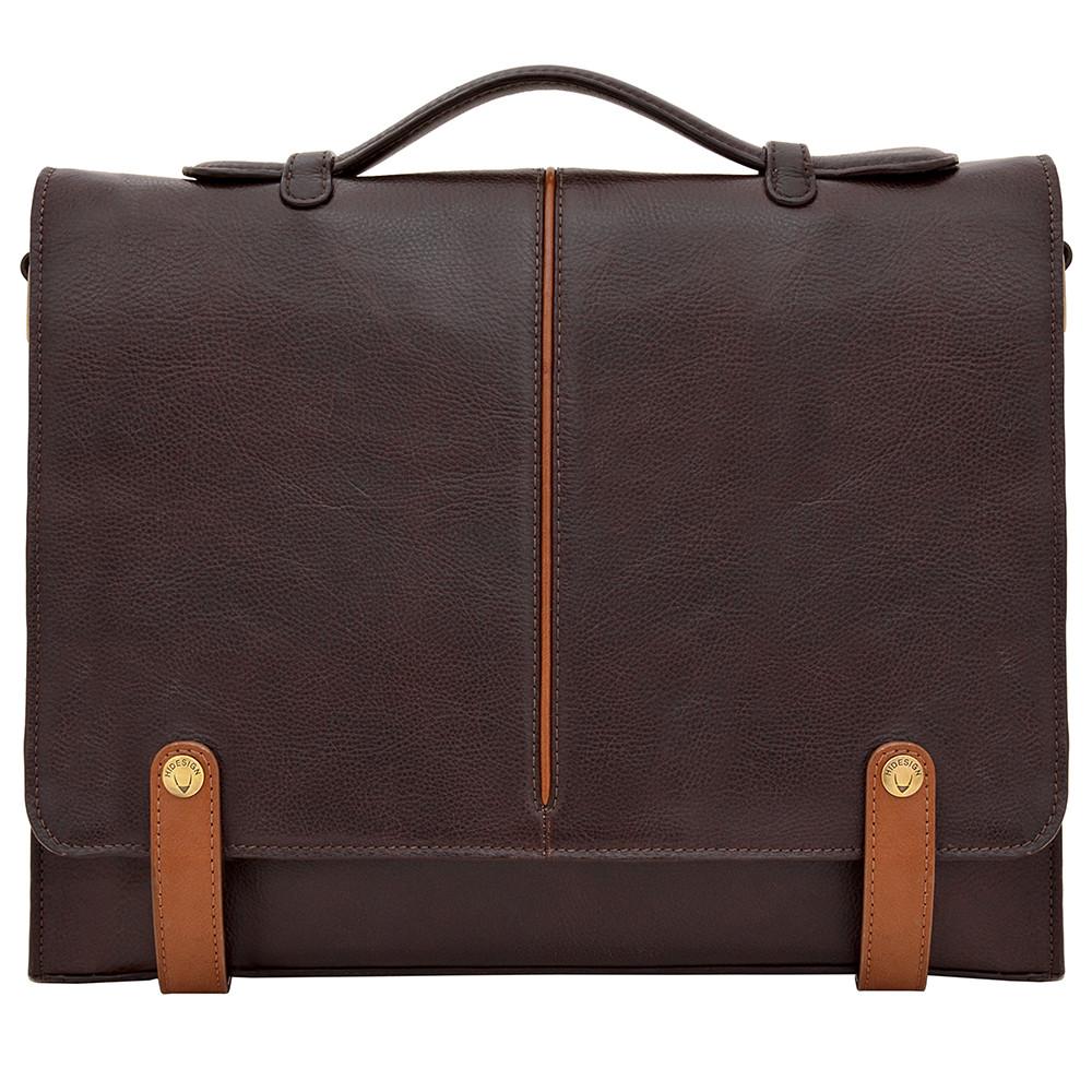 Hidesign Eton 15" brown leather laptop briefcase with full-grain vegetable-tanned leather, a detachable shoulder strap, and a secure press-button closure.