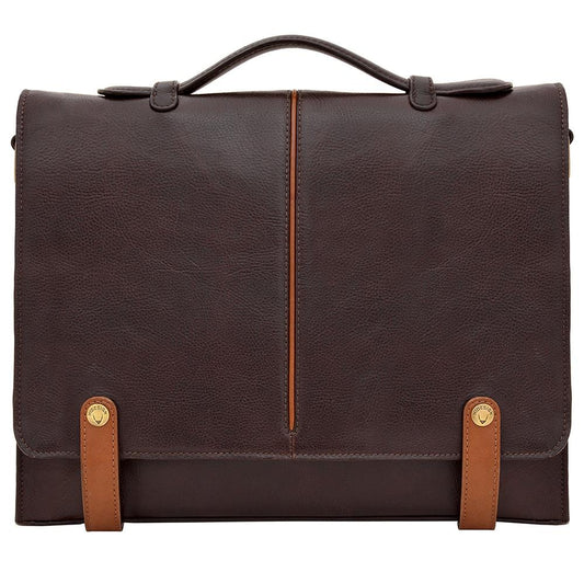 Hidesign Eton 15" brown leather laptop briefcase with full-grain vegetable-tanned leather, a detachable shoulder strap, and a secure press-button closure.