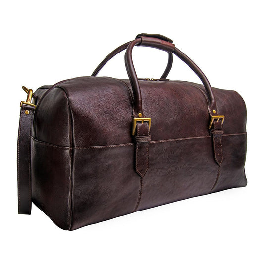Hidesign Leather Weekend Duffle Bag in full-grain vegetable-tanned leather, featuring a carry-on-friendly design, adjustable strap, and spacious interior for travel essentials.