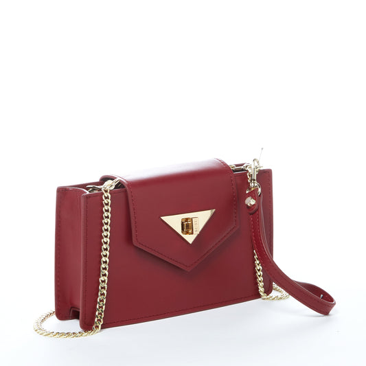 Angled view of the Mary Mini Burgundy Leather Crossbody Bag highlighting gold twist-lock and wrist strap.