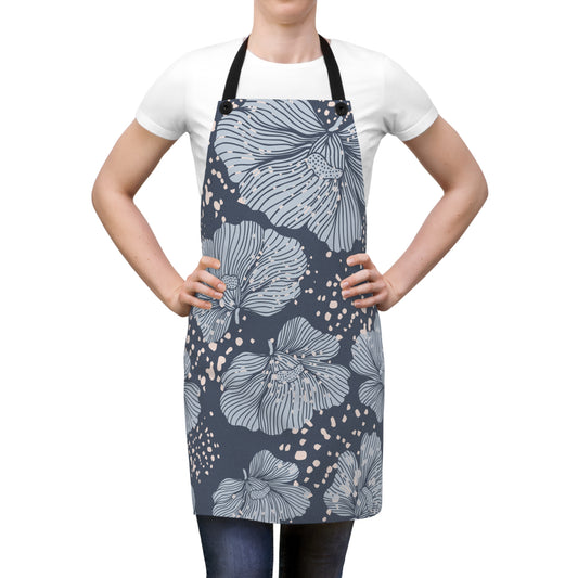Navy hibiscus floral apron – stylish & durable cooking apron with adjustable, removable straps for tangle-free washing.