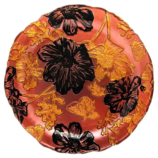 Set of four handcrafted rose gold and black floral side plates with intricate reverse-painted detailing.