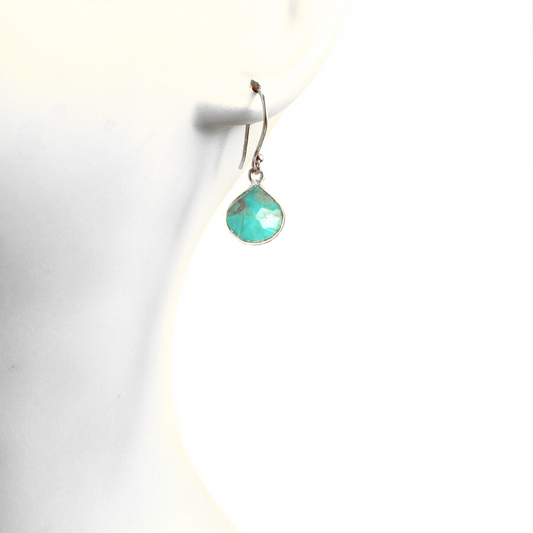 Turquoise bezel drop earring shown on mannequin for scale

