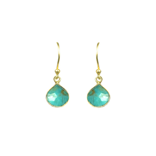 Front view of teardrop turquoise bezel earrings in gold vermeil