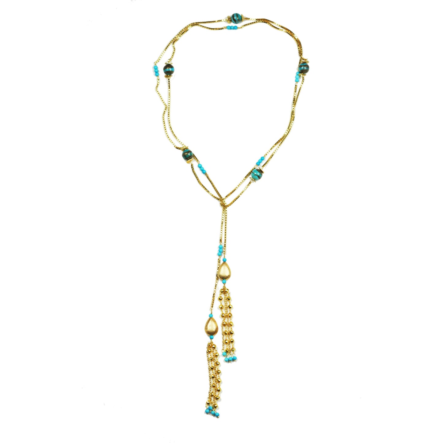 Turquoise lariat necklace with gold pyrite beads and 14k gold-plated chain, 45-inch wrap design.