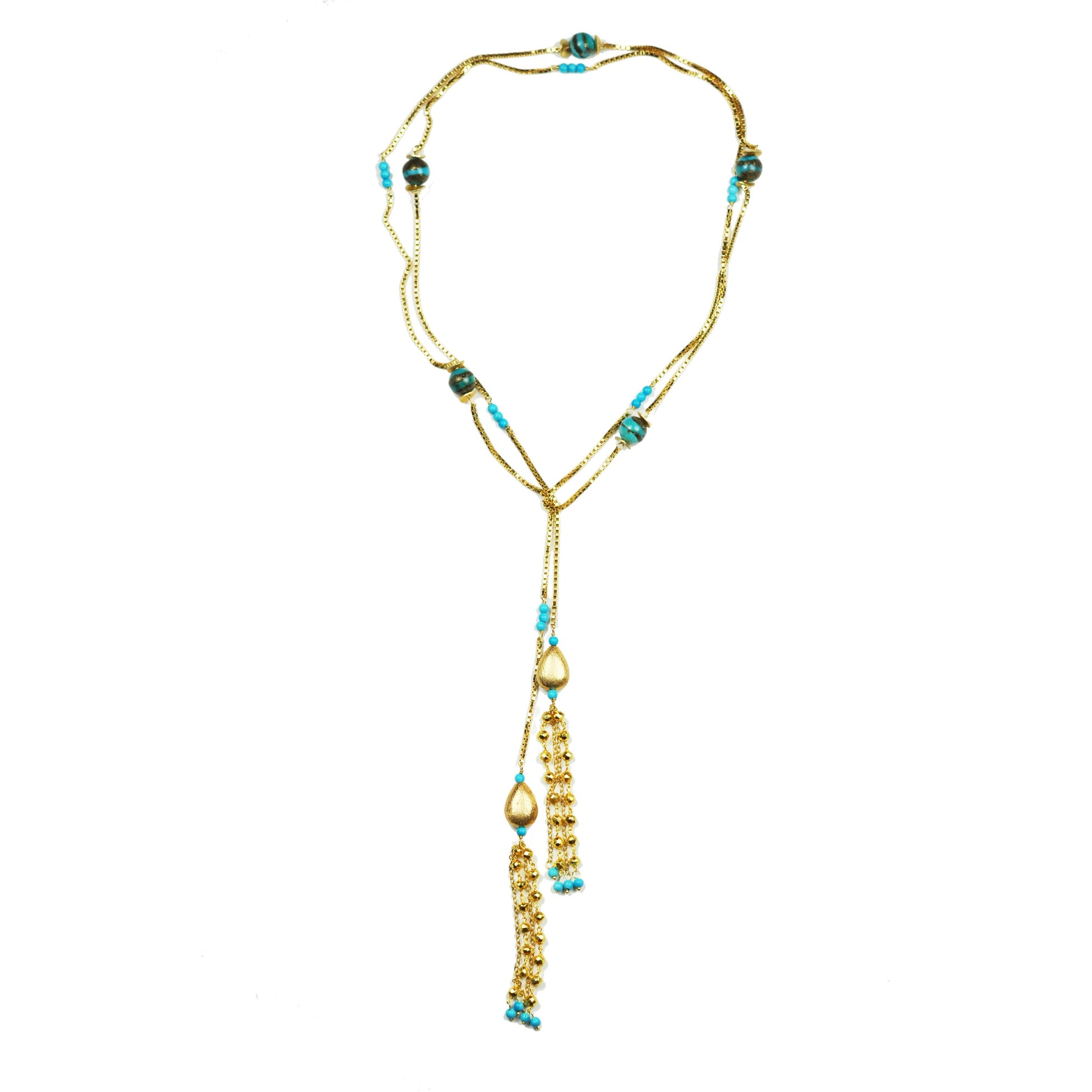 Turquoise lariat necklace with gold pyrite beads and 14k gold-plated chain, 45-inch wrap design.