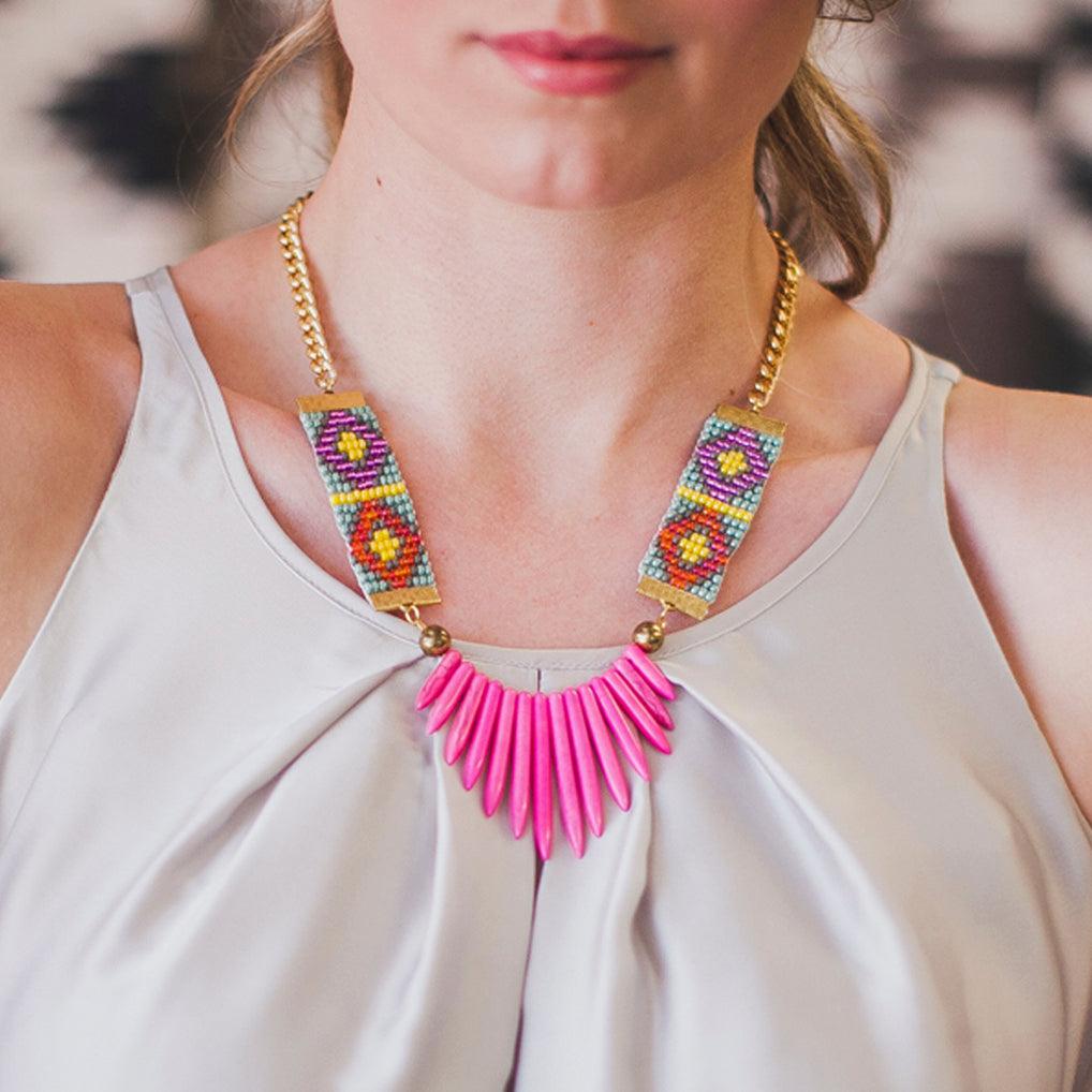 Pink, Black & White Beaded Necklace – Handmade with Black Howlite Spikes - Purekind Living
