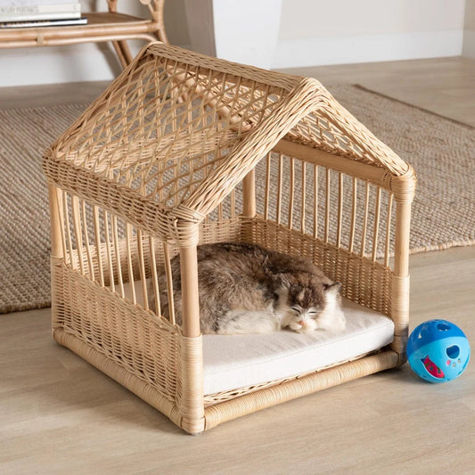 Front-facing rattan canopy bed for cats or small pets